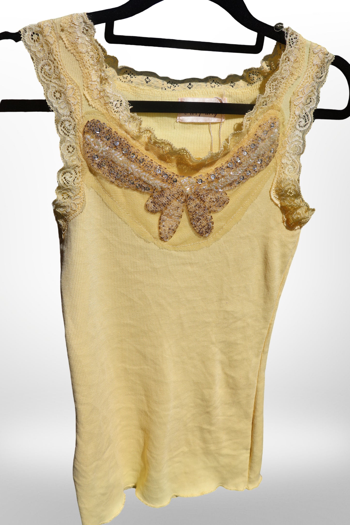 Yellow Beaded Butterfly Tank Top, Sparkle Embellished, Stretch Fit - size 6-8
