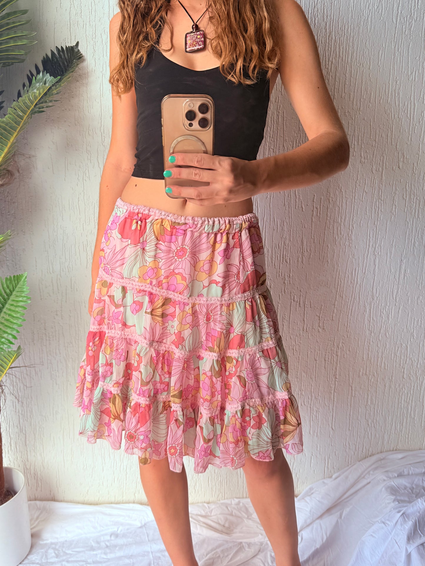 Pink floral midi skirt - size 6/8