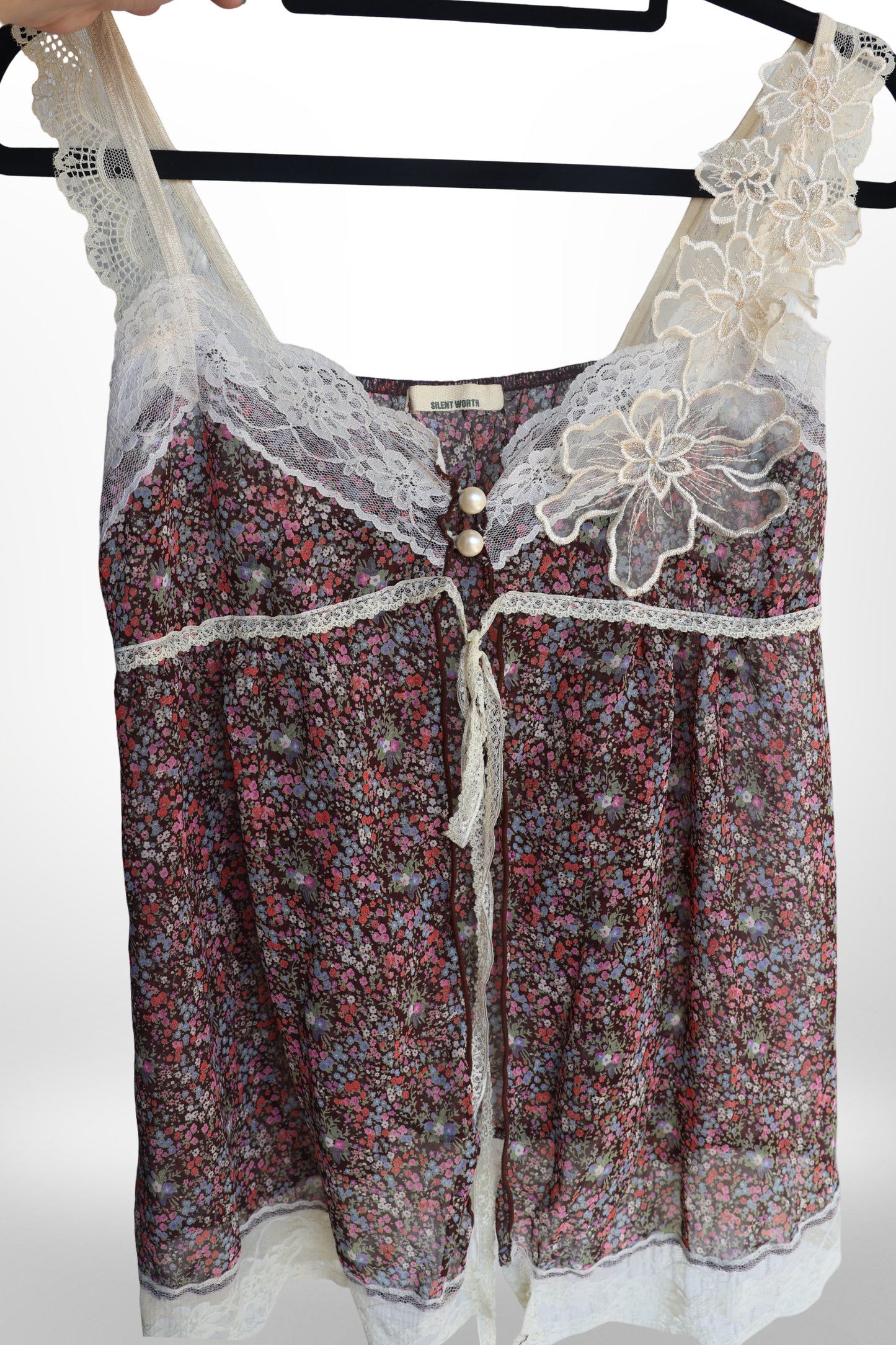 Sheer floral lace babydoll top with pearl button detail & cream embroidered straps