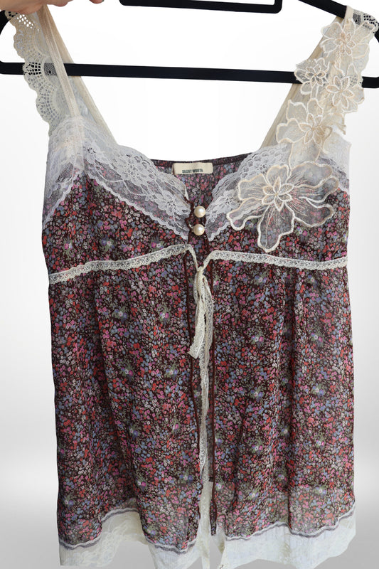 Sheer floral lace babydoll top with pearl button detail & cream embroidered straps