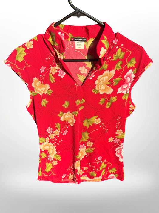 Red blossom pattern blouse for out button detail - Size Medium