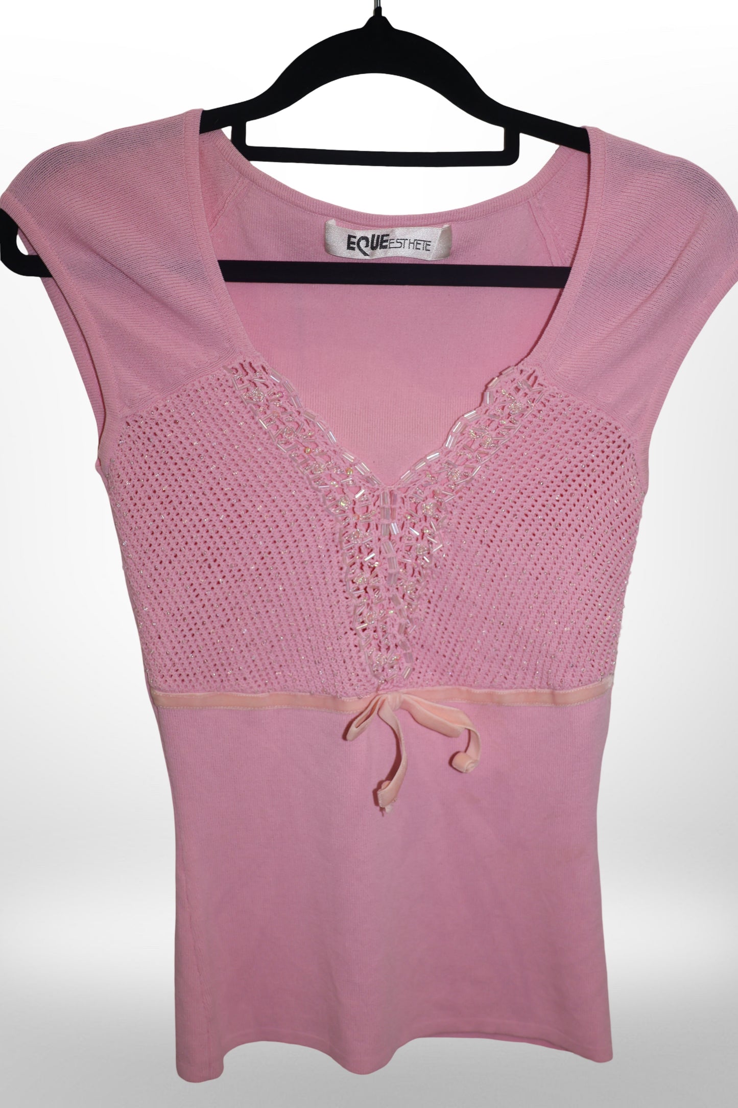 Beaded pink top with pink bow detail