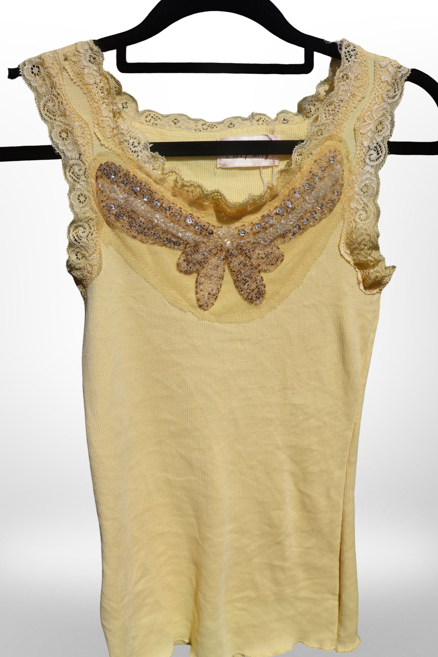 Yellow Beaded Butterfly Tank Top, Sparkle Embellished, Stretch Fit - size 6-8