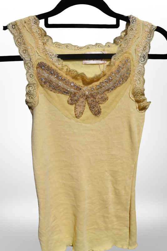 Yellow Beaded Butterfly Tank Top, Sparkle Embellished, Stretch Fit - size 6-8