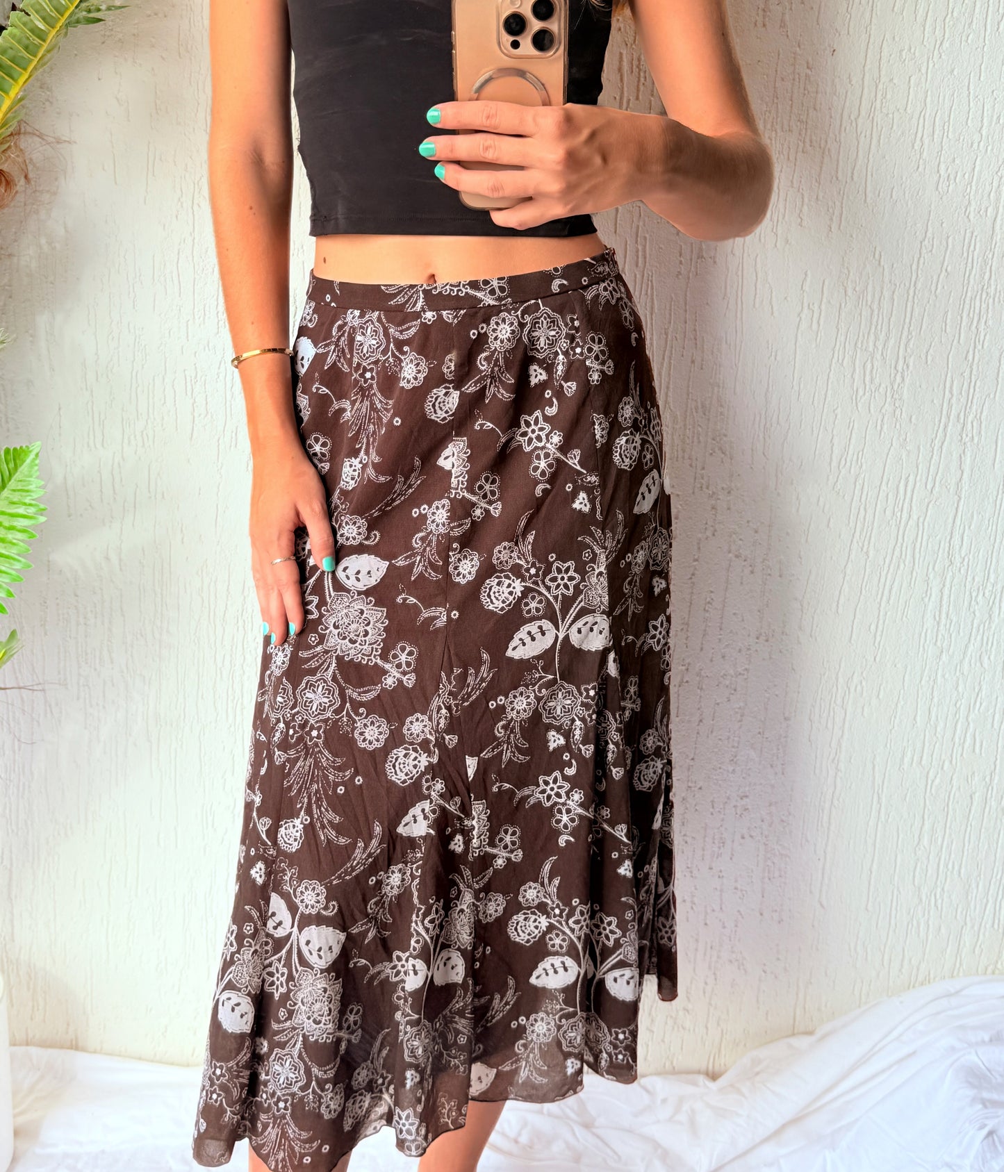 Brown midi skirt with white flower pattern