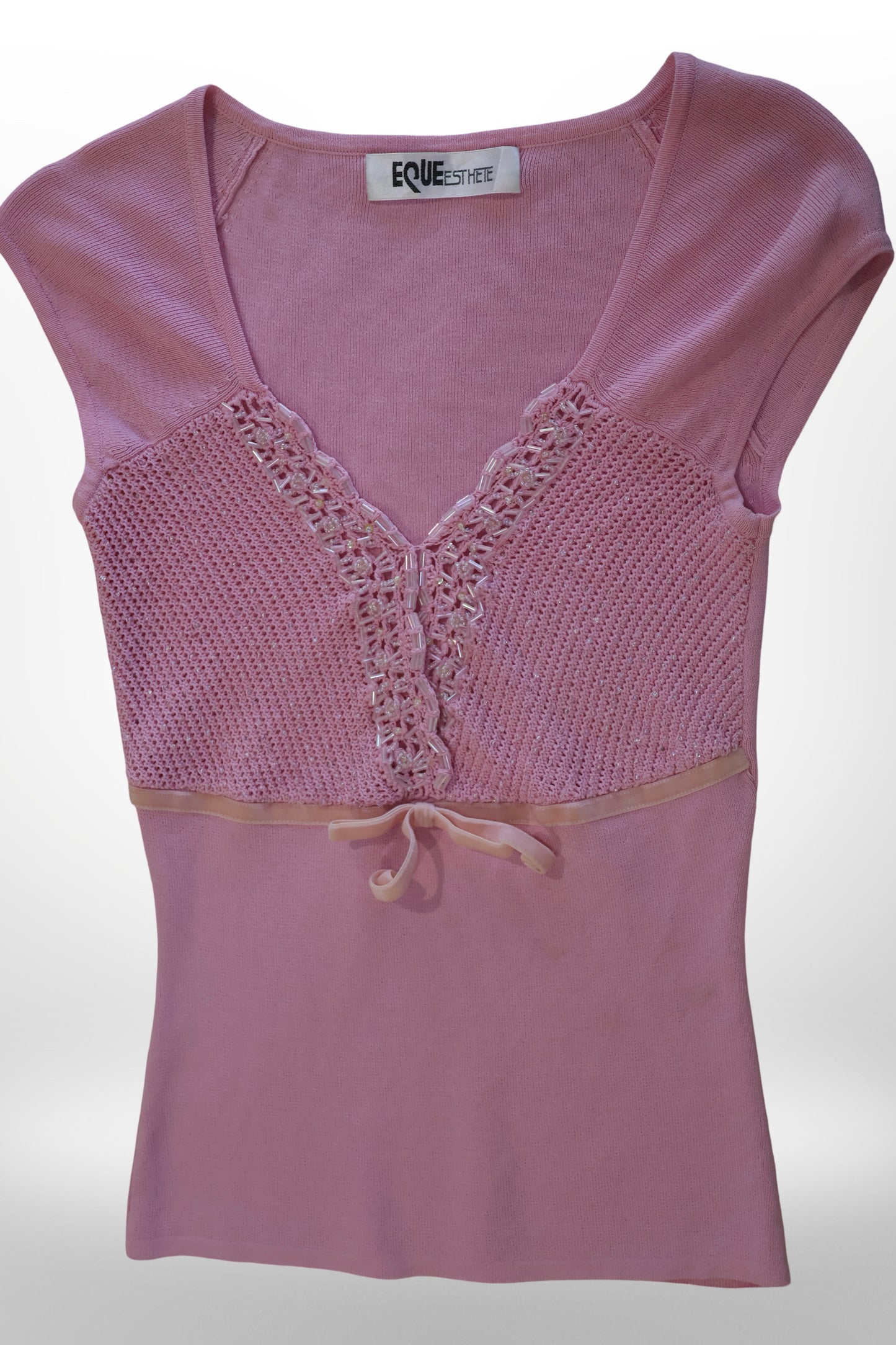 Beaded pink top with pink bow detail