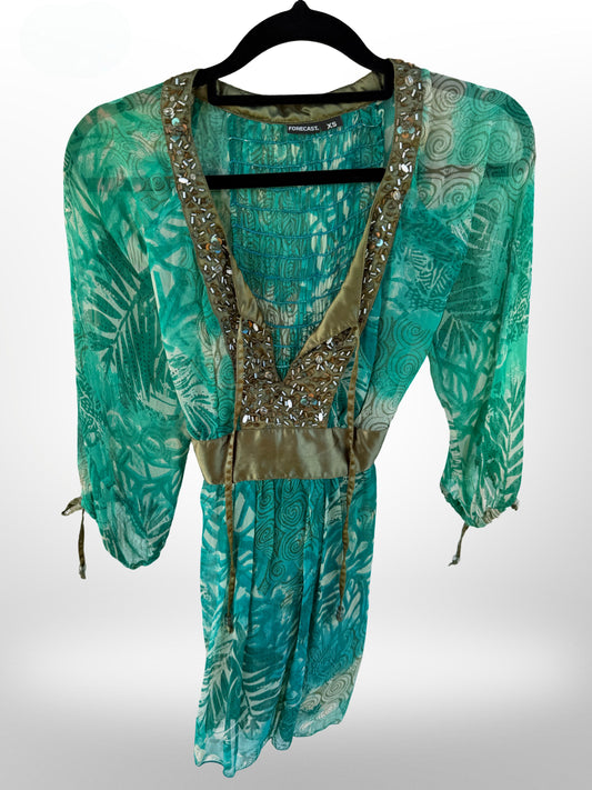 Green pattern see-through blouse with bead details