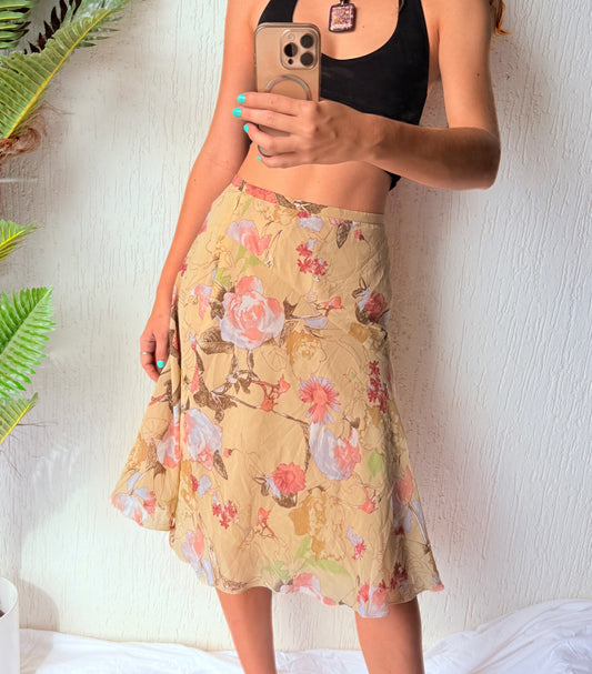 Floral beige midi skirt - Size 6-8