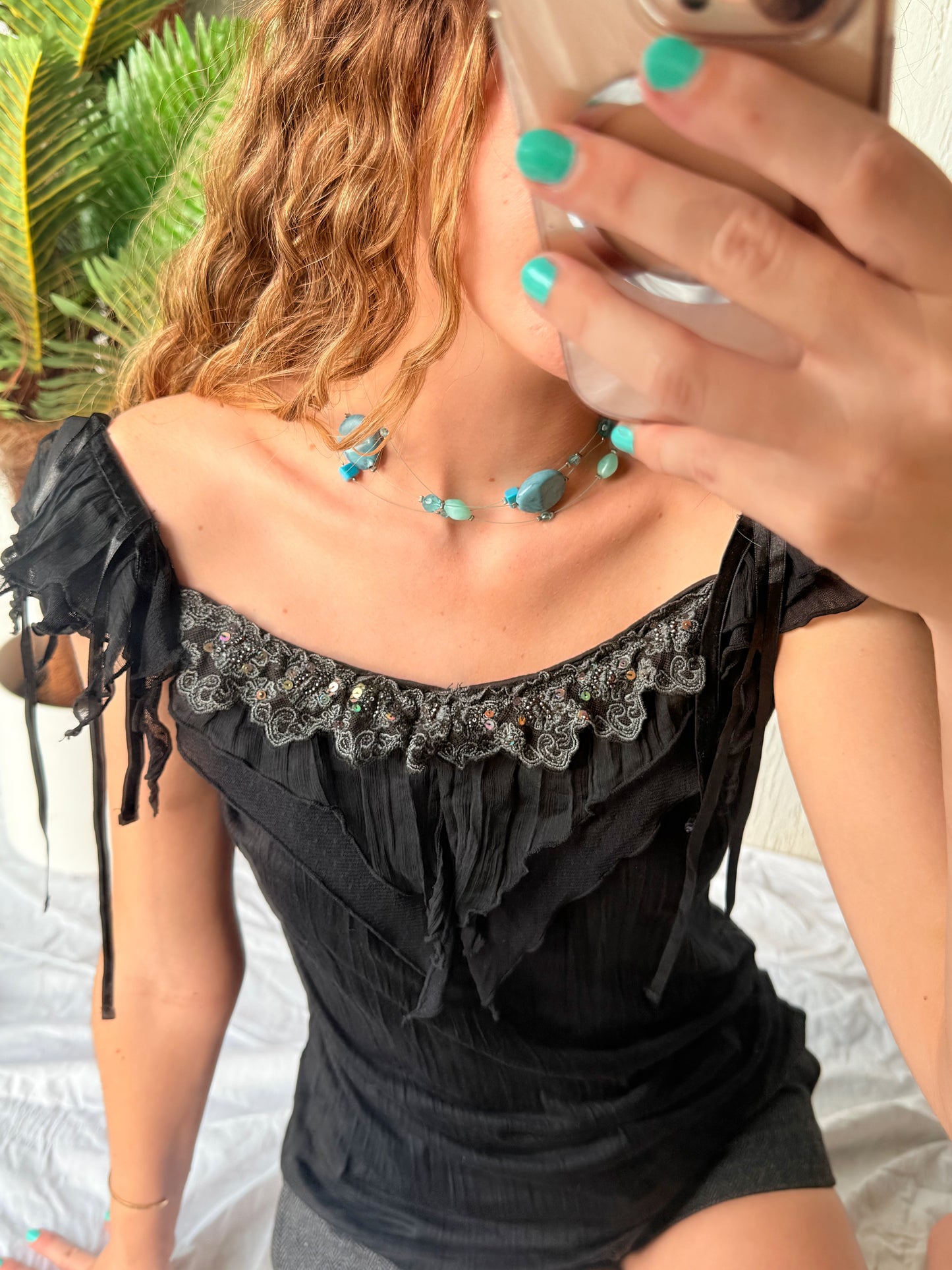 Vintage black sequin shoulder tie top