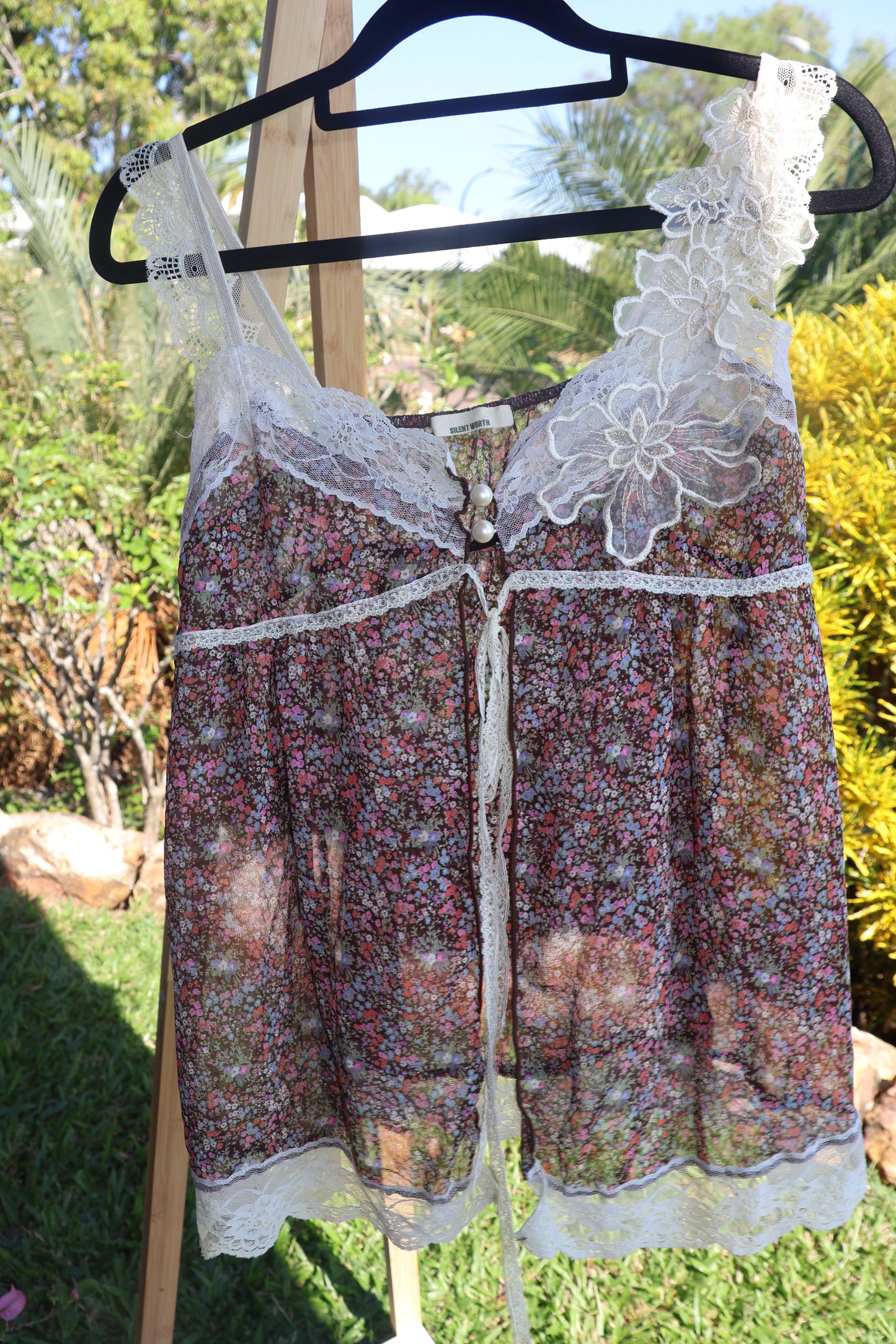 Sheer floral lace babydoll top with pearl button detail & cream embroidered straps