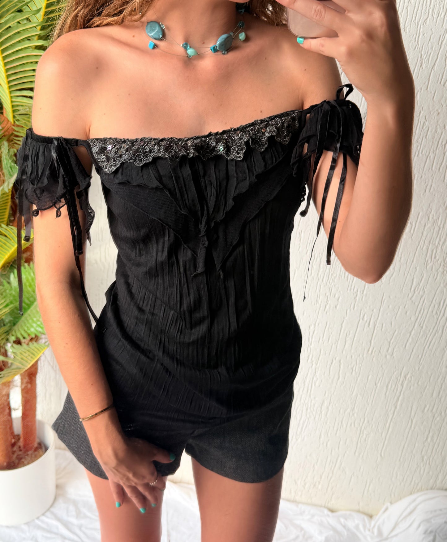 Vintage black sequin shoulder tie top