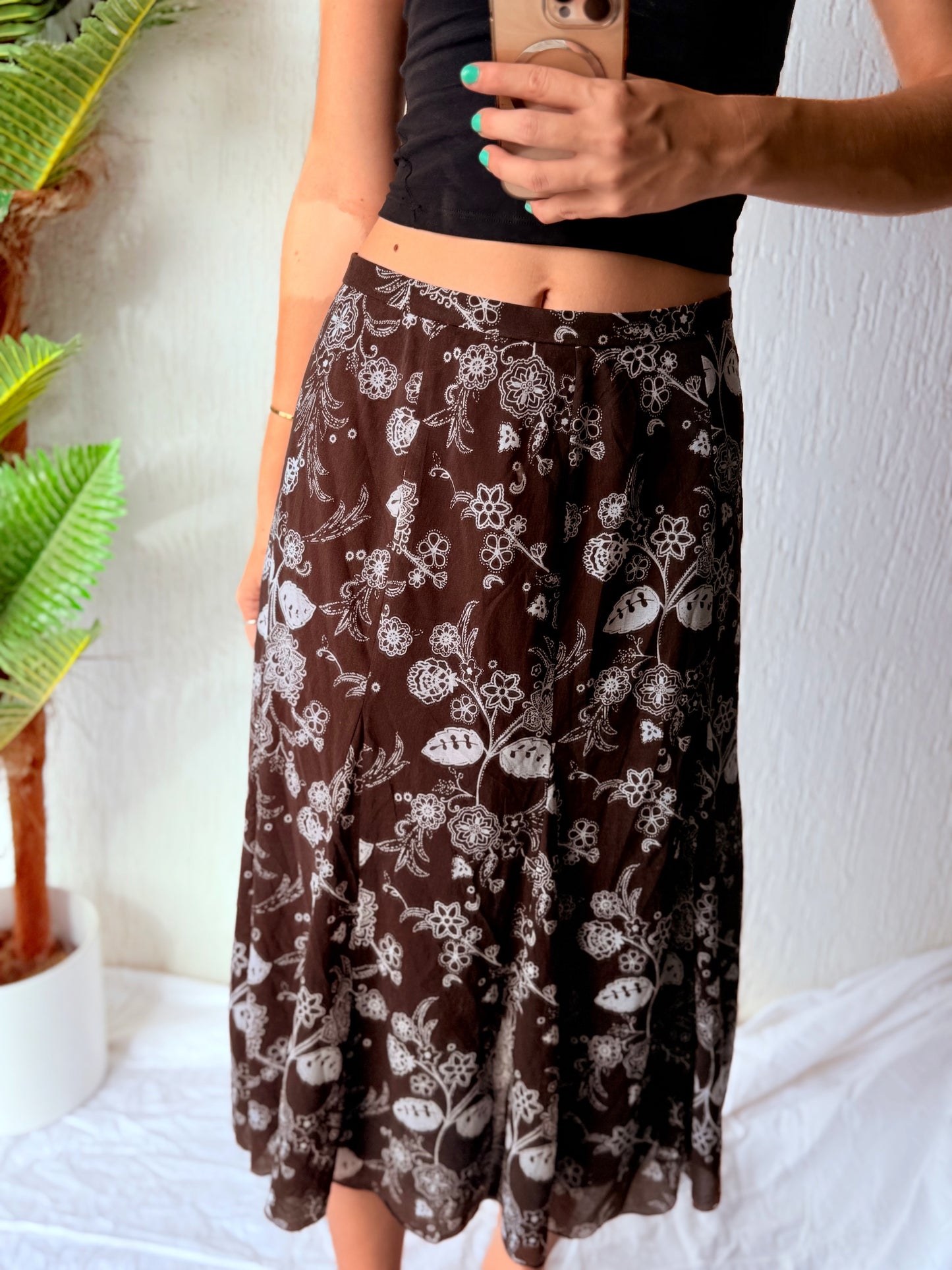 Brown midi skirt with white flower pattern